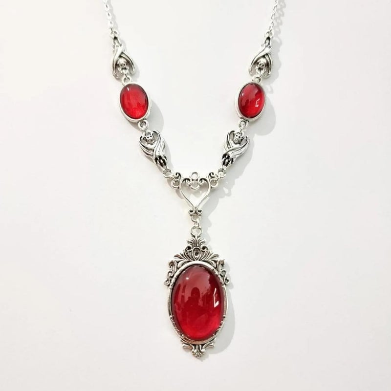 IS4U Gothic Vampire Necklace Vintage Stardust Crystal Cameo Pendant Necklace Punk Style Vampire Pendant Oval Necklace Satanic Demon Red Pendant Necklace Jewelry - Image 1